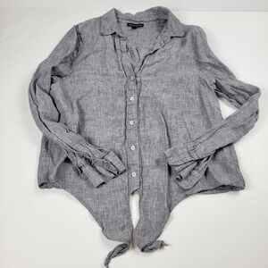 Saks Fifth Avenue Linen Tie Front Grey Long Sleeve Shirt Size Medium